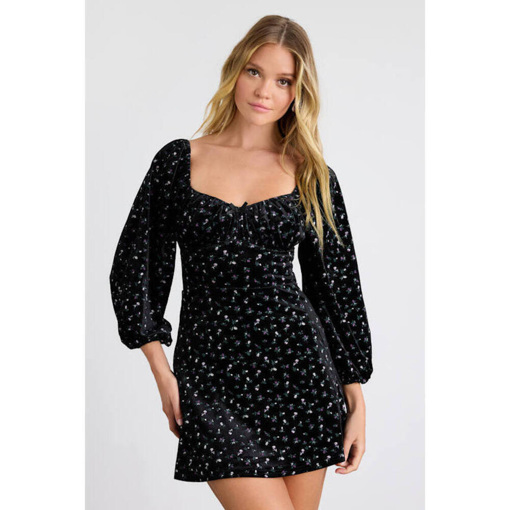 Lulus Adored Perfection Black Floral Velvet Balloon Sleeve Mini Dress - Size S